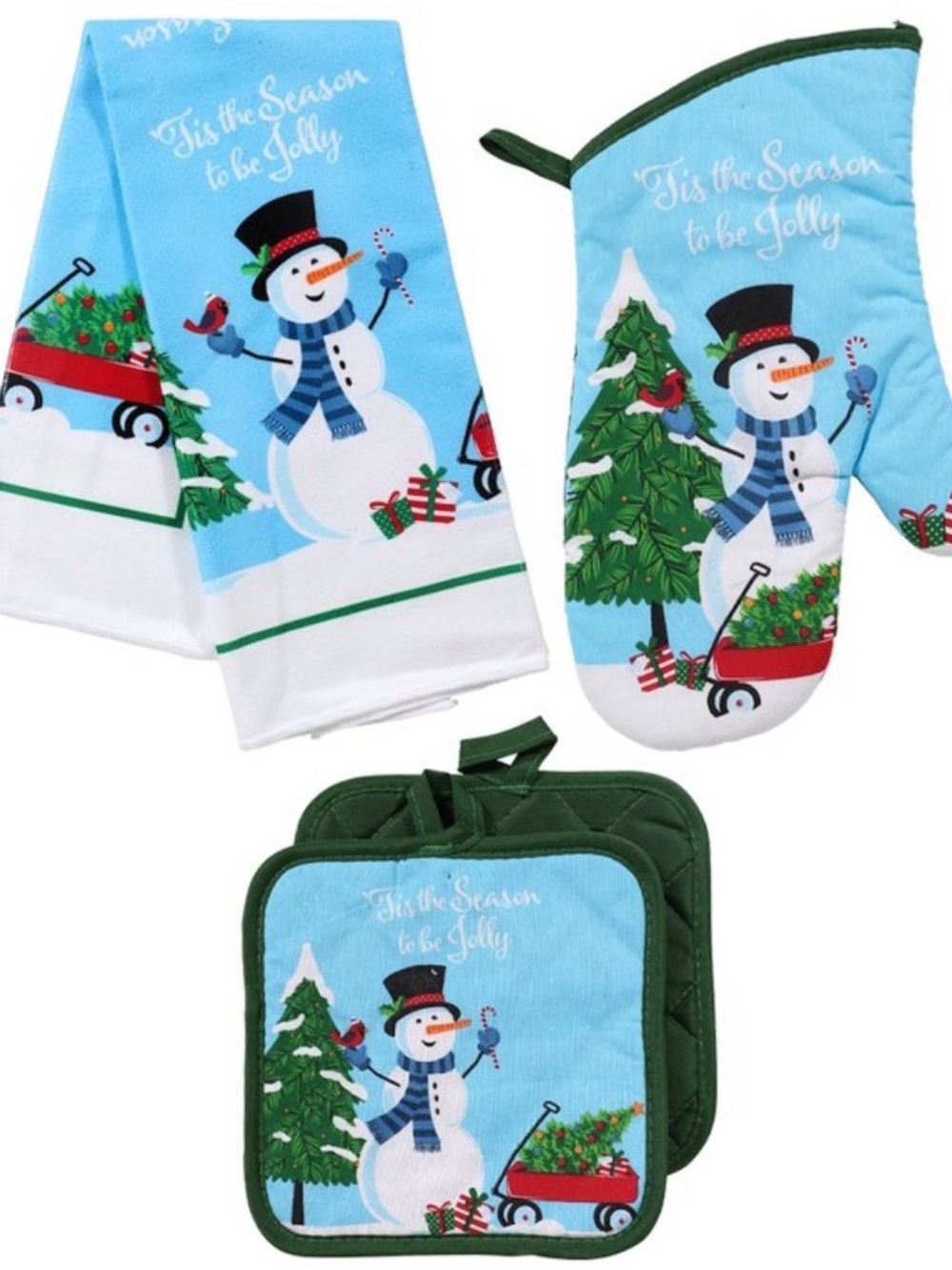 Holiday Snowman Kitchen Towel, Mitt & Pot Holder Set - Blue